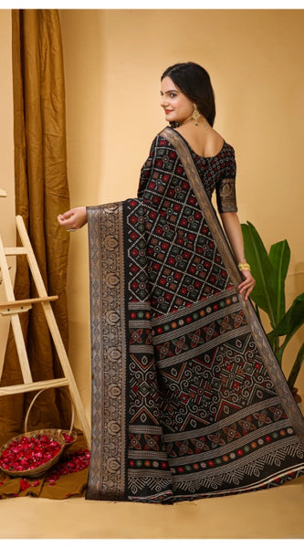 Mayawye Women's Soft Dola Cotton Kalamkari Printed Saree With Unstitched Blouse 5.5Mtr (Black)
