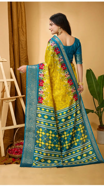 Mayawye Women's Soft Dola Cotton Kalamkari Printed Saree With Unstitched Blouse 5.5Mtr (Yellow)