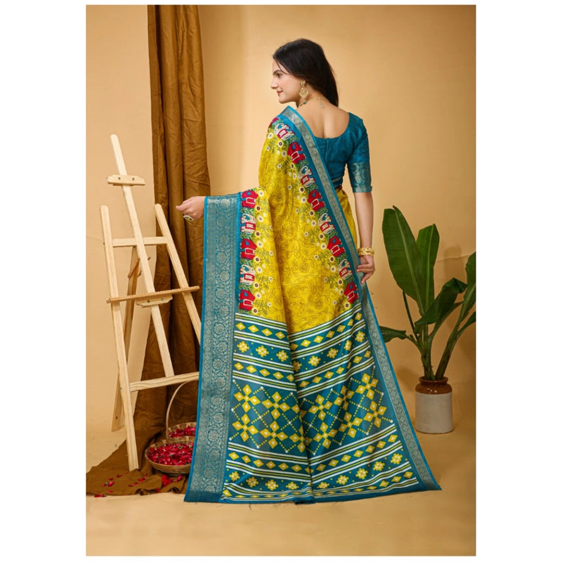 Mayawye Women's Soft Dola Cotton Kalamkari Printed Saree With Unstitched Blouse 5.5Mtr (Yellow)