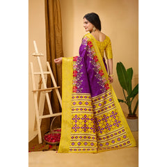 Mayawye Women's Soft Dola Cotton Kalamkari Printed Saree With Unstitched Blouse 5.5Mtr (Purple)