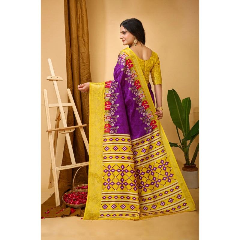 Mayawye Women's Soft Dola Cotton Kalamkari Printed Saree With Unstitched Blouse 5.5Mtr (Purple)