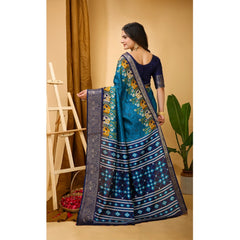 Mayawye Women's Soft Dola Cotton Kalamkari Printed Saree With Unstitched Blouse 5.5Mtr (Blue)