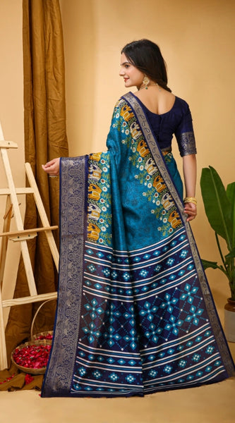 Mayawye Women's Soft Dola Cotton Kalamkari Printed Saree With Unstitched Blouse 5.5Mtr (Blue)
