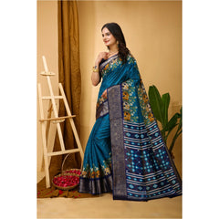 Mayawye Women's Soft Dola Cotton Kalamkari Printed Saree With Unstitched Blouse 5.5Mtr (Blue)