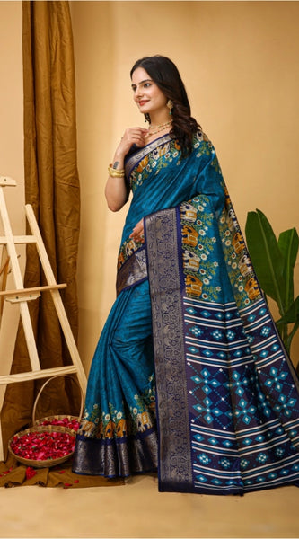 Mayawye Women's Soft Dola Cotton Kalamkari Printed Saree With Unstitched Blouse 5.5Mtr (Blue)
