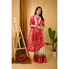 Mayawye Women's Soft Dola Cotton Kalamkari Printed Saree With Unstitched Blouse 5.5Mtr (White)