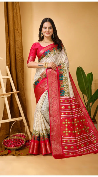 Mayawye Women's Soft Dola Cotton Kalamkari Printed Saree With Unstitched Blouse 5.5Mtr (White)