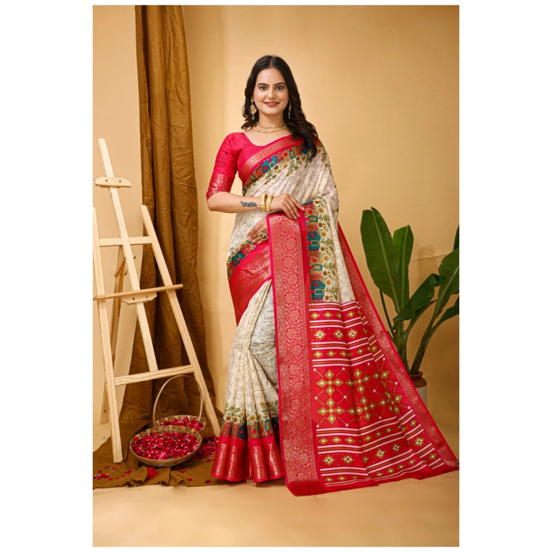 Mayawye Women's Soft Dola Cotton Kalamkari Printed Saree With Unstitched Blouse 5.5Mtr (White)