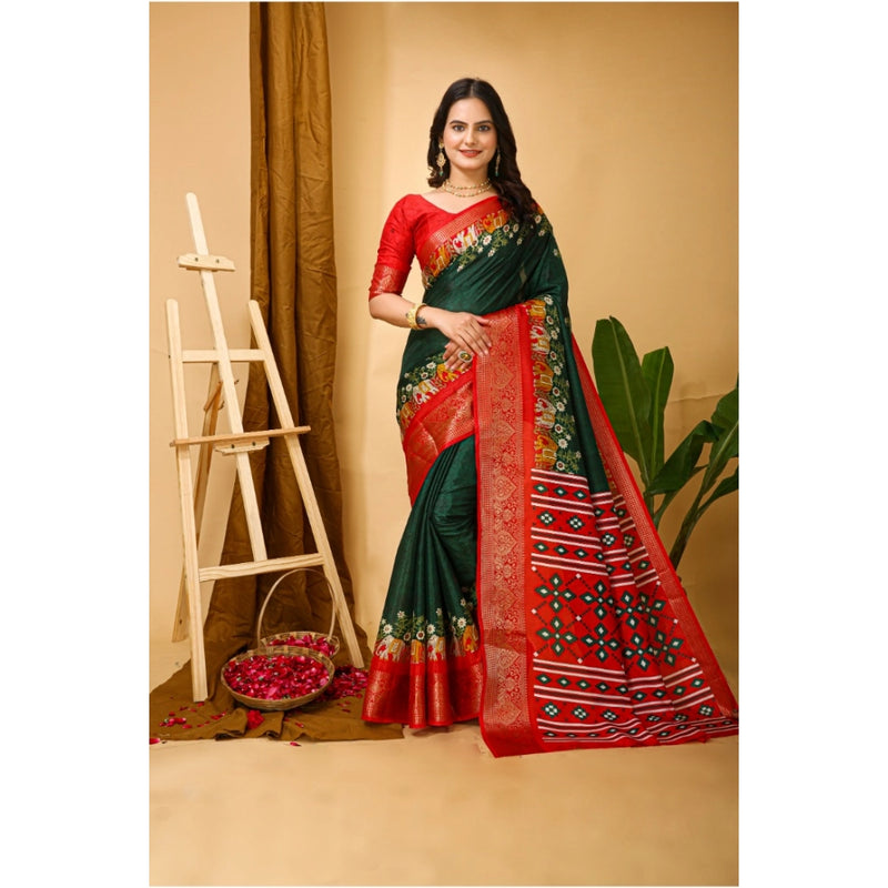 Mayawye Women's Soft Dola Cotton Kalamkari Printed Saree With Unstitched Blouse 5.5Mtr (Green)