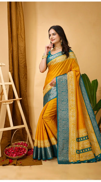 Mayawye Women's Soft Dola Cotton Kalamkari Printed Saree With Unstitched Blouse 5.5Mtr (Yellow)