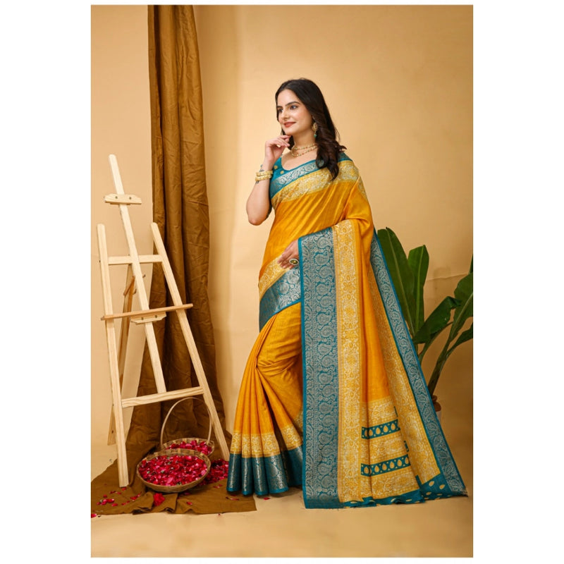 Mayawye Women's Soft Dola Cotton Kalamkari Printed Saree With Unstitched Blouse 5.5Mtr (Yellow)