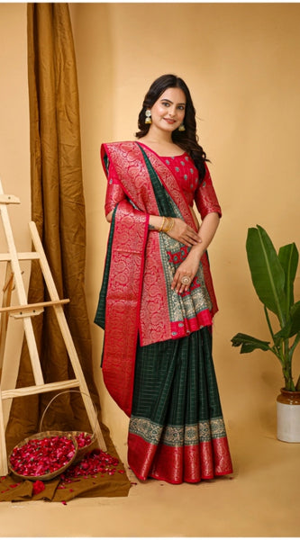 Mayawye Women's Soft Dola Cotton Kalamkari Printed Saree With Unstitched Blouse 5.5Mtr (B.Green)