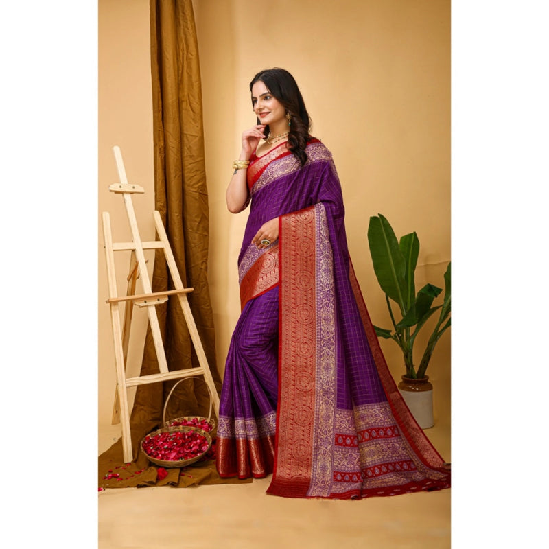 Mayawye Women's Soft Dola Cotton Kalamkari Printed Saree With Unstitched Blouse 5.5Mtr (Purple)