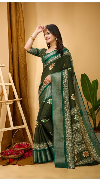 Mayawye Women's Soft Blooming Marshmallow Fabric Kalamkari Printed Saree With Unstitched Blouse 5.5Mtr (Green)