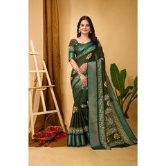 Mayawye Women's Soft Blooming Marshmallow Fabric Kalamkari Printed Saree With Unstitched Blouse 5.5Mtr (Green)