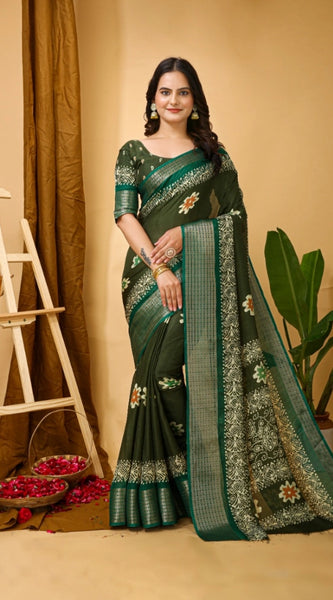 Mayawye Women's Soft Blooming Marshmallow Fabric Kalamkari Printed Saree With Unstitched Blouse 5.5Mtr (Green)
