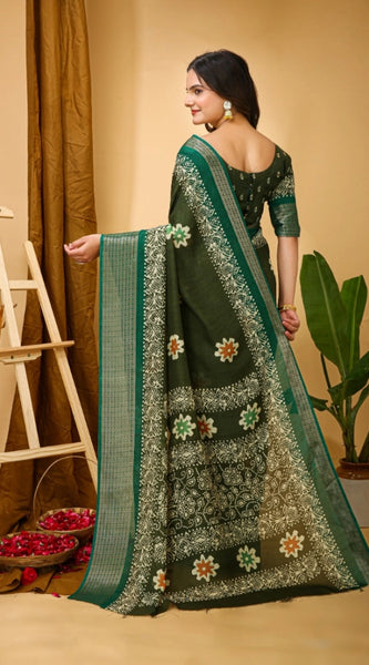 Mayawye Women's Soft Blooming Marshmallow Fabric Kalamkari Printed Saree With Unstitched Blouse 5.5Mtr (Green)