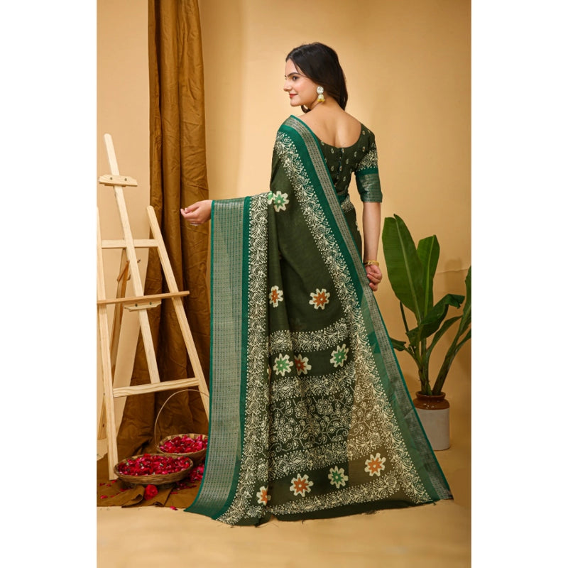 Mayawye Women's Soft Blooming Marshmallow Fabric Kalamkari Printed Saree With Unstitched Blouse 5.5Mtr (Green)