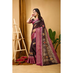 Mayawye Women's Soft Blooming Marshmallow Fabric Kalamkari Printed Saree With Unstitched Blouse 5.5Mtr (Maroon)