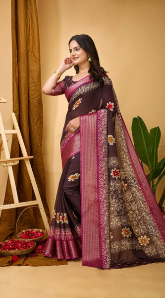 Mayawye Women's Soft Blooming Marshmallow Fabric Kalamkari Printed Saree With Unstitched Blouse 5.5Mtr (Maroon)