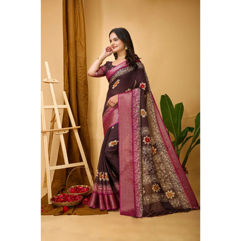Mayawye Women's Soft Blooming Marshmallow Fabric Kalamkari Printed Saree With Unstitched Blouse 5.5Mtr (Maroon)