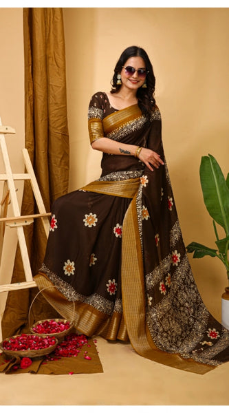 Mayawye Women's Soft Blooming Marshmallow Fabric Kalamkari Printed Saree With Unstitched Blouse 5.5Mtr (Brown)