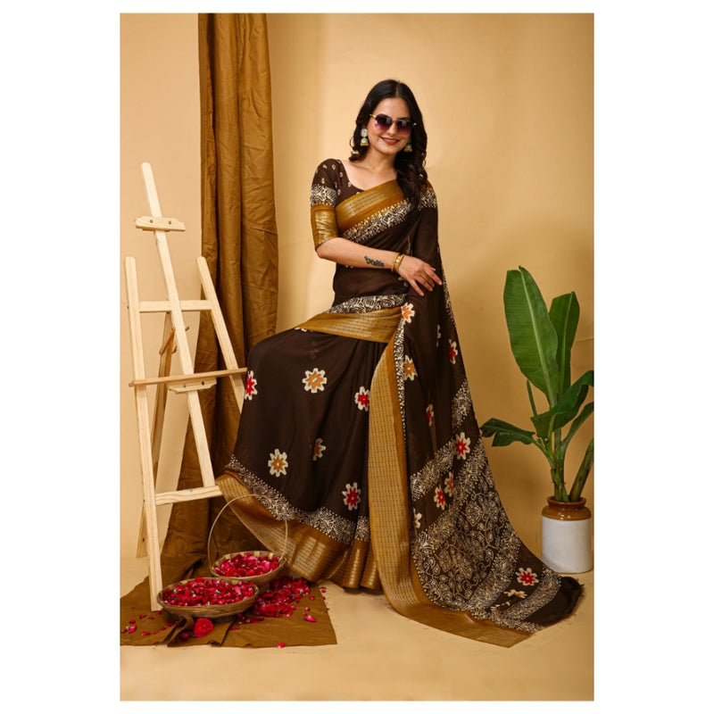 Mayawye Women's Soft Blooming Marshmallow Fabric Kalamkari Printed Saree With Unstitched Blouse 5.5Mtr (Brown)