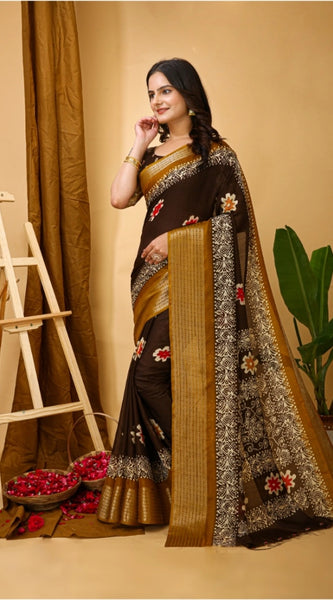 Mayawye Women's Soft Blooming Marshmallow Fabric Kalamkari Printed Saree With Unstitched Blouse 5.5Mtr (Brown)