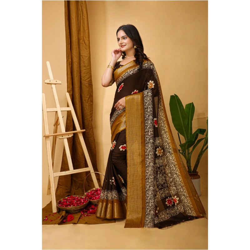 Mayawye Women's Soft Blooming Marshmallow Fabric Kalamkari Printed Saree With Unstitched Blouse 5.5Mtr (Brown)