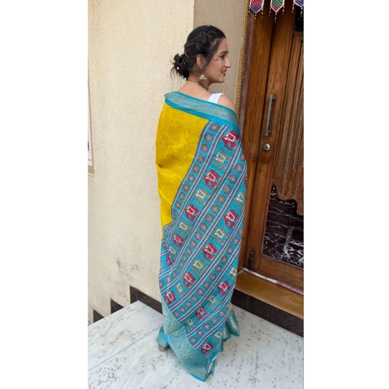 Mayawye Women's Soft Dola Cotton Kalamkari Printed Saree With Unstitched Blouse 5.5Mtr (Mustard)