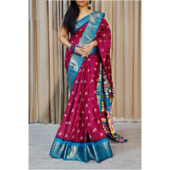 Mayawye Women's Soft Dola Cotton Kalamkari Printed Saree With Unstitched Blouse 5.5Mtr (Wine)