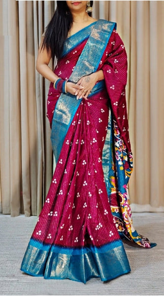Mayawye Women's Soft Dola Cotton Kalamkari Printed Saree With Unstitched Blouse 5.5Mtr (Wine)