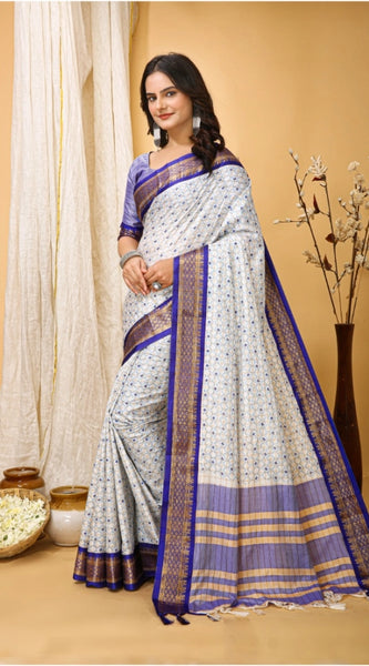Mayawye Women's Soft Cotton Silk Printed Saree With Unstitched Blouse 5.5Mtr (Purple)
