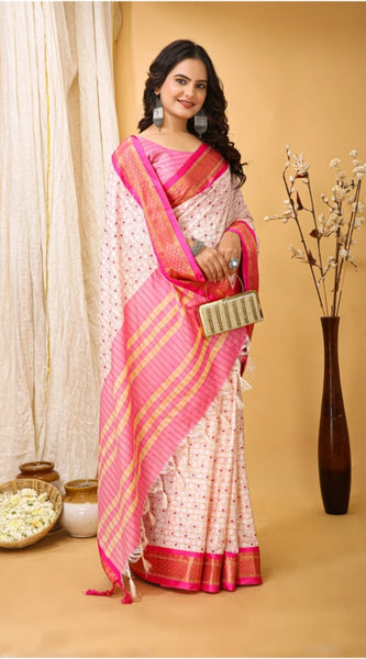 Mayawye Women's Soft Cotton Silk Printed Saree With Unstitched Blouse 5.5Mtr (Pink)