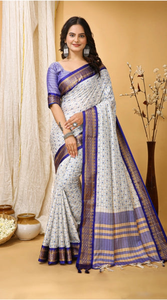 Mayawye Women's Soft Cotton Silk Printed Saree With Unstitched Blouse 5.5Mtr (Purple)