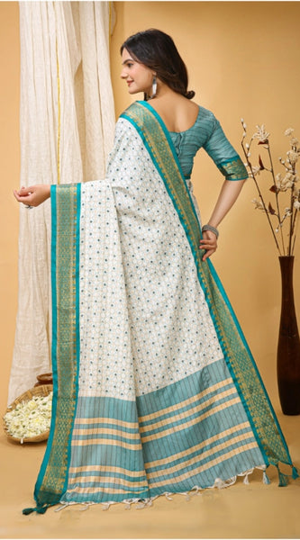 Mayawye Women's Soft Cotton Silk Printed Saree With Unstitched Blouse 5.5Mtr (Rama Green)