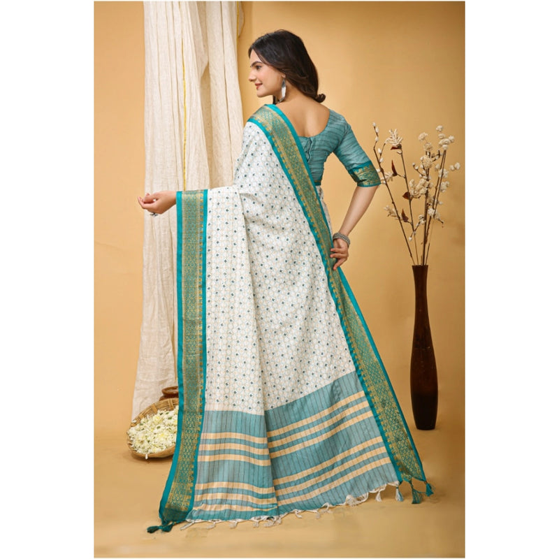 Mayawye Women's Soft Cotton Silk Printed Saree With Unstitched Blouse 5.5Mtr (Rama Green)