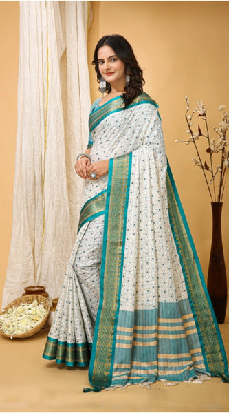 Mayawye Women's Soft Cotton Silk Printed Saree With Unstitched Blouse 5.5Mtr (Rama Green)