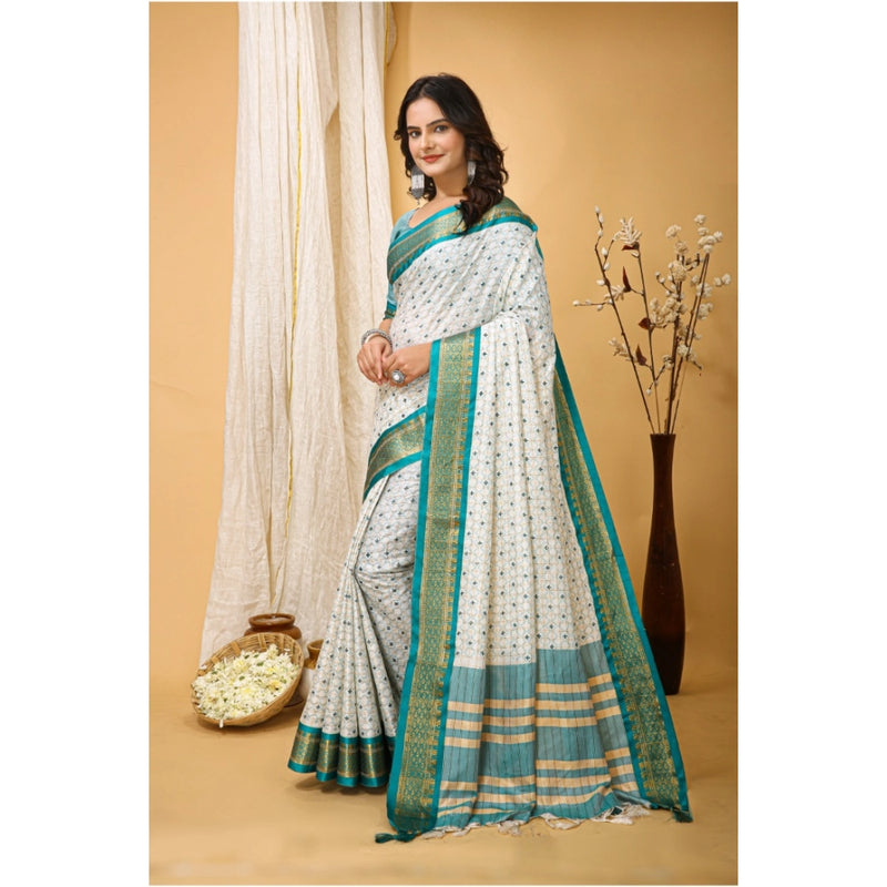 Mayawye Women's Soft Cotton Silk Printed Saree With Unstitched Blouse 5.5Mtr (Rama Green)