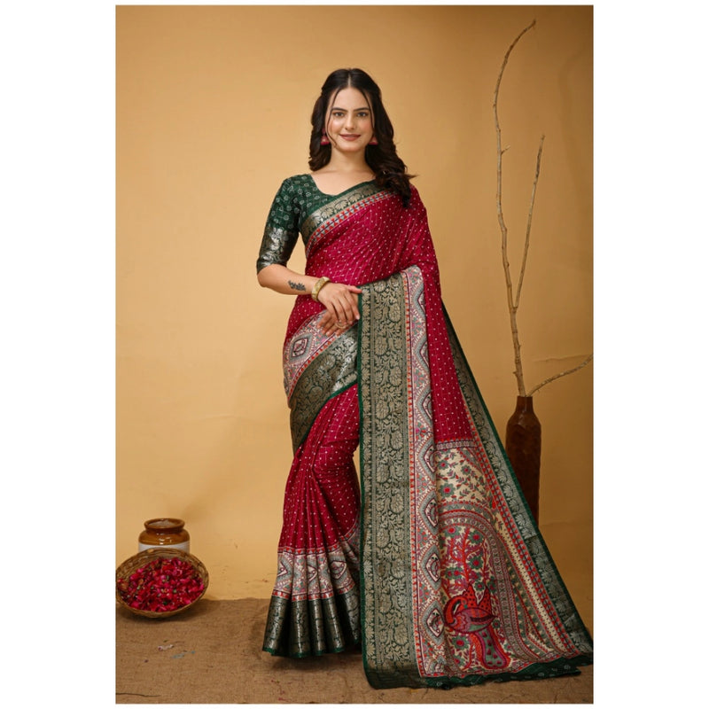 Mayawye Women's Soft Dola Cotton Kalamkari Printed Saree With Unstitched Blouse 5.5Mtr (Maroon)