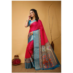 Mayawye Women's Soft Dola Cotton Kalamkari Printed Saree With Unstitched Blouse 5.5Mtr (Pink)