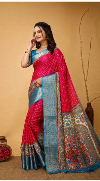 Mayawye Women's Soft Dola Cotton Kalamkari Printed Saree With Unstitched Blouse 5.5Mtr (Pink)