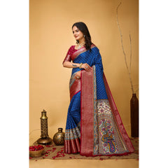 Mayawye Women's Soft Dola Cotton Kalamkari Printed Saree With Unstitched Blouse 5.5Mtr (Blue)