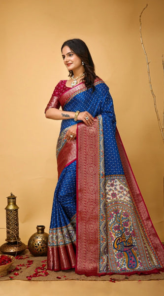 Mayawye Women's Soft Dola Cotton Kalamkari Printed Saree With Unstitched Blouse 5.5Mtr (Blue)
