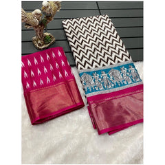 Mayawye Women's Soft Dola Cotton Kalamkari Printed Saree With Unstitched Blouse 5.5Mtr (Pink)