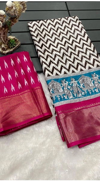 Mayawye Women's Soft Dola Cotton Kalamkari Printed Saree With Unstitched Blouse 5.5Mtr (Pink)