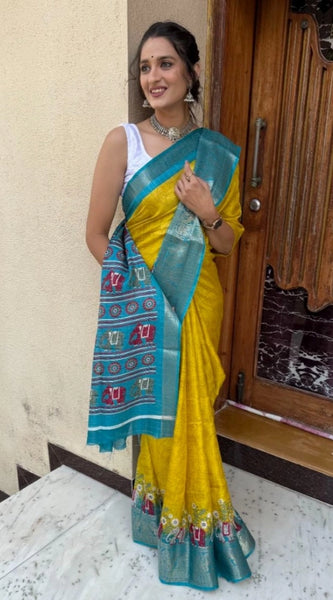 Mayawye Women's Soft Dola Cotton Kalamkari Printed Saree With Unstitched Blouse 5.5Mtr (Mustard)