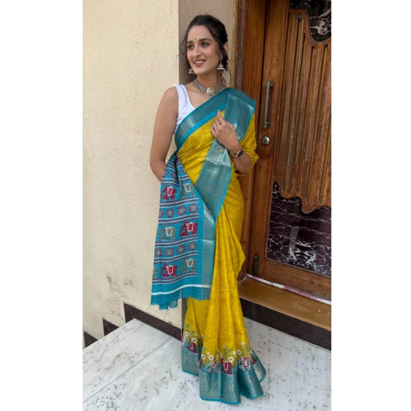 Mayawye Women's Soft Dola Cotton Kalamkari Printed Saree With Unstitched Blouse 5.5Mtr (Mustard)