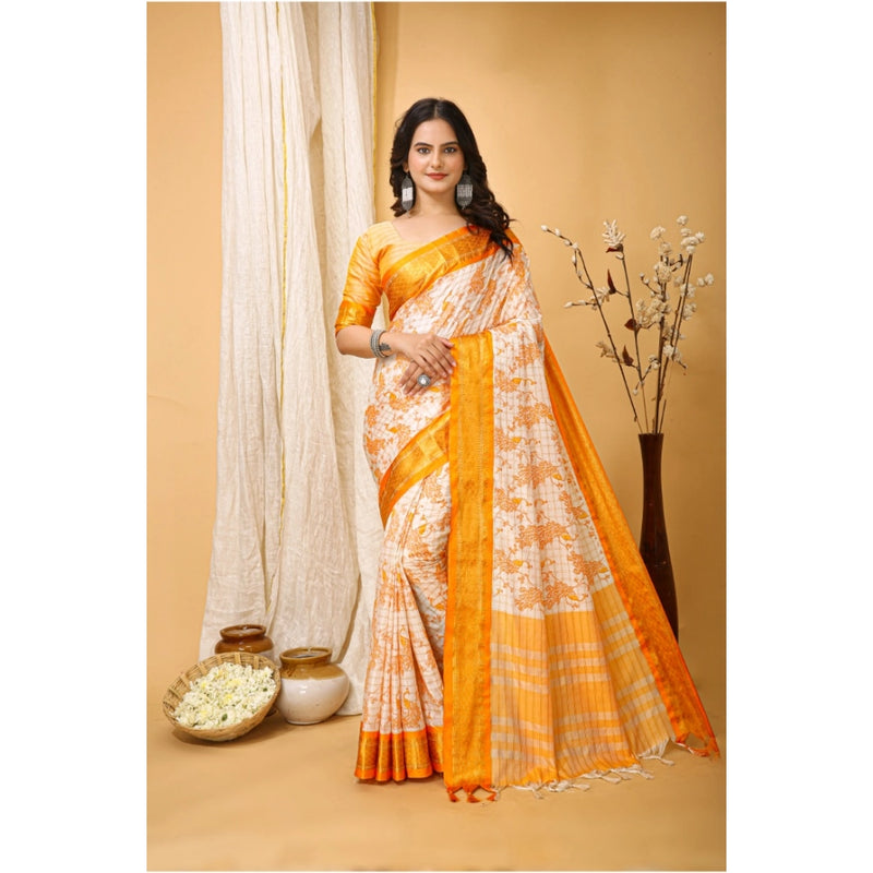 Mayawye Women's Soft Cotton Silk Printed Saree With Unstitched Blouse 5.5Mtr (Yellow)