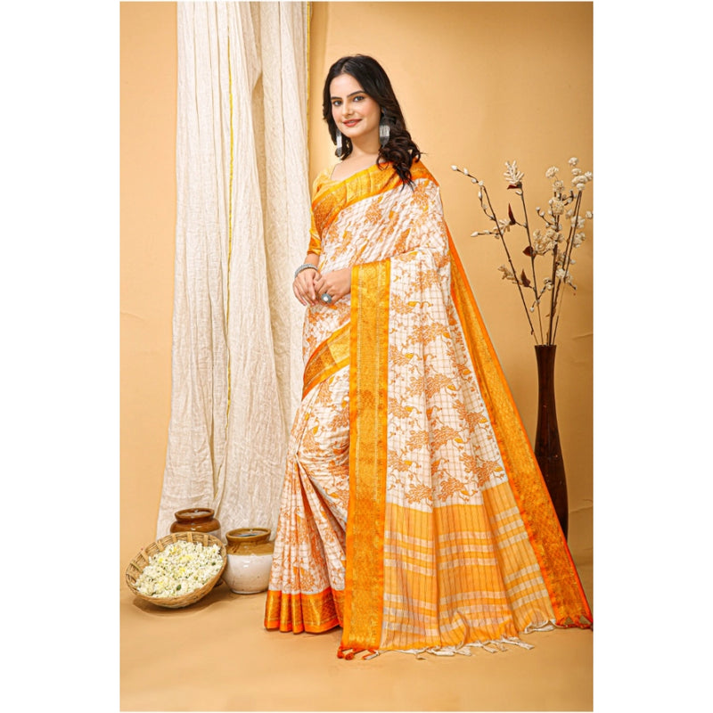 Mayawye Women's Soft Cotton Silk Printed Saree With Unstitched Blouse 5.5Mtr (Yellow)